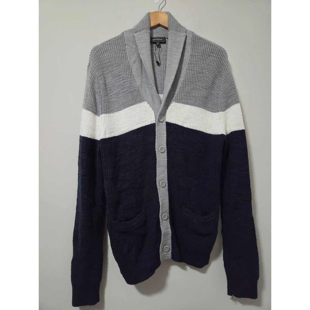 Express Mens Colorblock Shawl Collar‎ Cardigan Sweater Grey Navy White